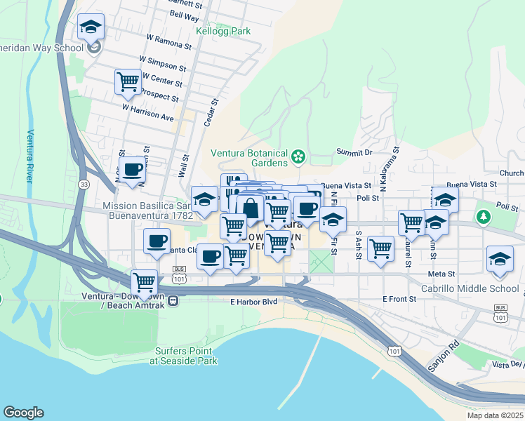 map of restaurants, bars, coffee shops, grocery stores, and more near in Ventura