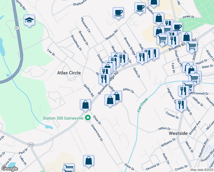 map of restaurants, bars, coffee shops, grocery stores, and more near 2121 Browns Bridge Road in Gainesville