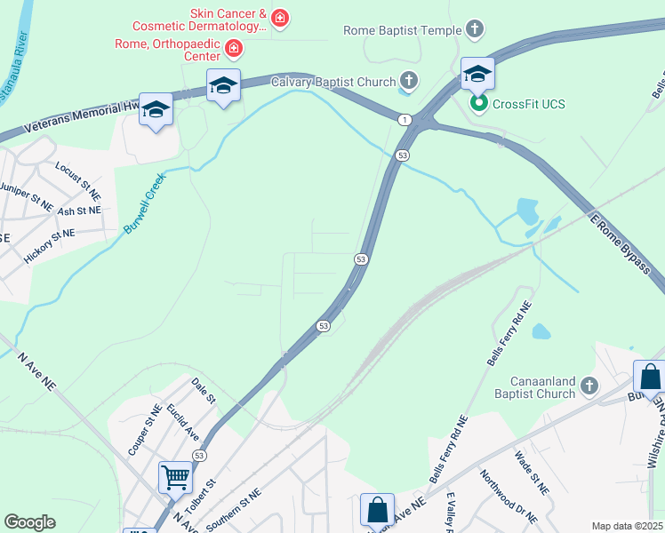map of restaurants, bars, coffee shops, grocery stores, and more near 17 Joplin Street Northeast in Rome