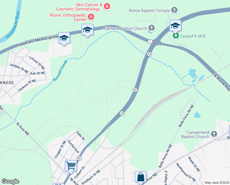 map of restaurants, bars, coffee shops, grocery stores, and more near 3 Joplin Street Northeast in Rome