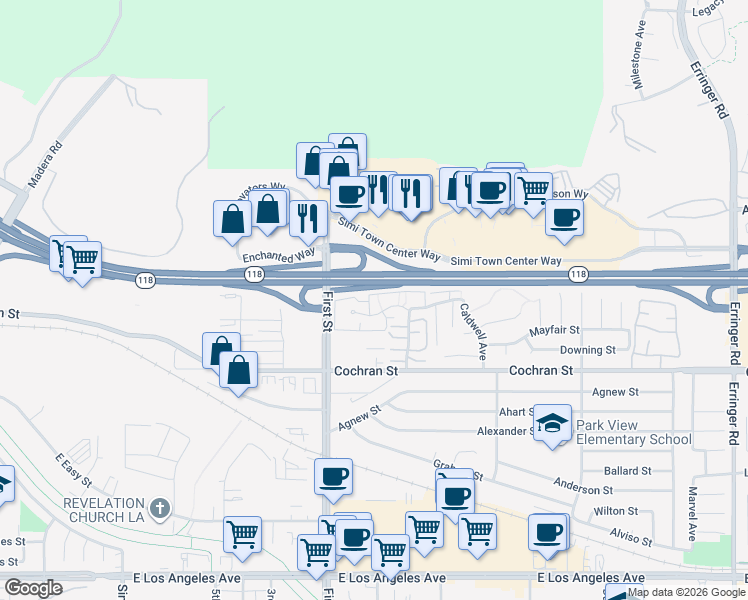 map of restaurants, bars, coffee shops, grocery stores, and more near 1191 Tivoli Lane in Simi Valley