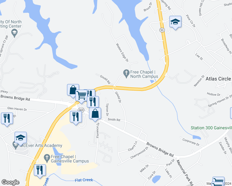 map of restaurants, bars, coffee shops, grocery stores, and more near 2597 Gould Drive in Gainesville