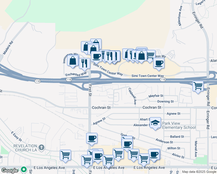 map of restaurants, bars, coffee shops, grocery stores, and more near 1231 Tivoli Lane in Simi Valley