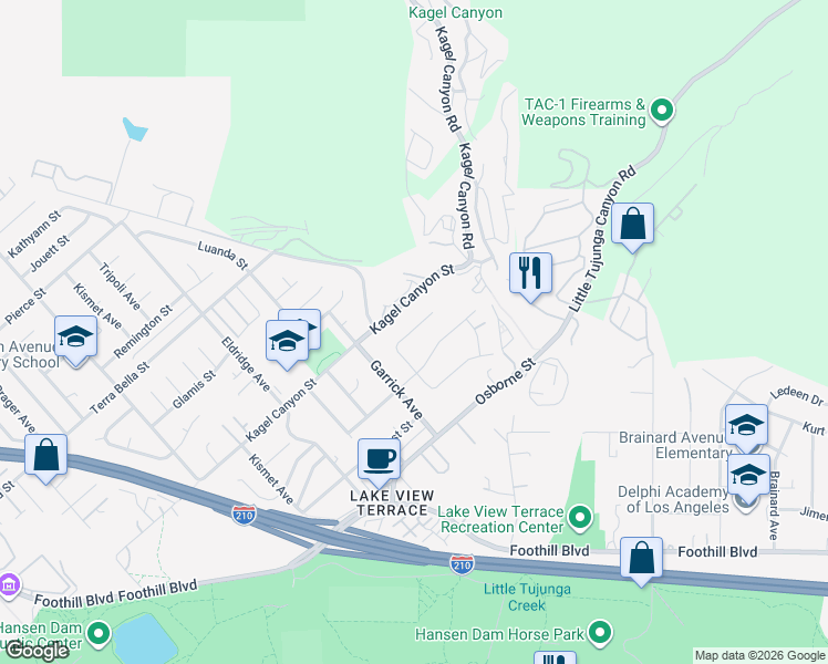 map of restaurants, bars, coffee shops, grocery stores, and more near 11347 Kelowna Street in Los Angeles