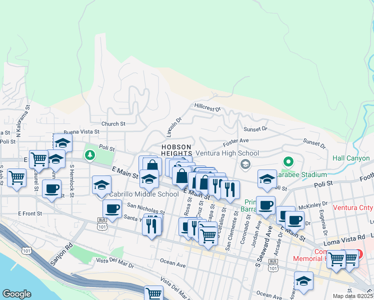 map of restaurants, bars, coffee shops, grocery stores, and more near 1794 Marisol Drive in Ventura
