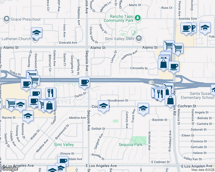 map of restaurants, bars, coffee shops, grocery stores, and more near 3490 Highwood Court in Simi Valley
