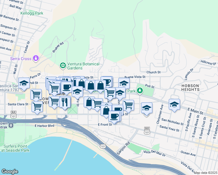 map of restaurants, bars, coffee shops, grocery stores, and more near 38 North Laurel Street in Ventura