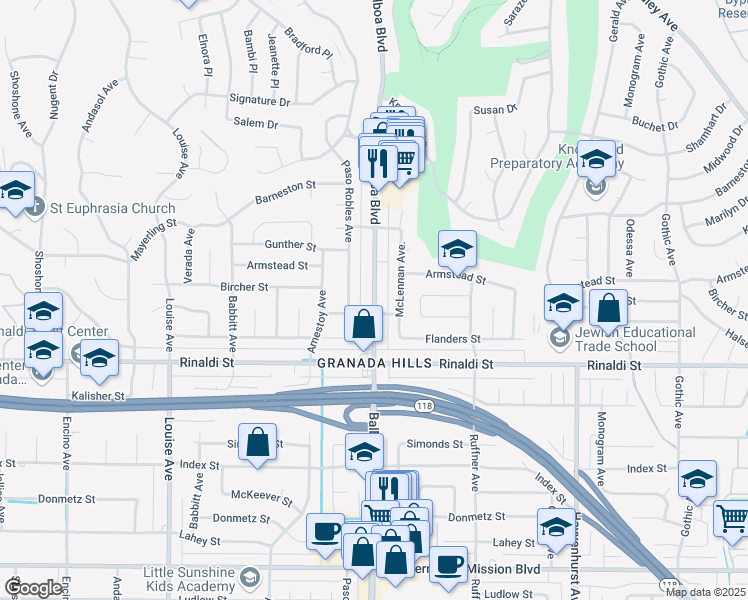 map of restaurants, bars, coffee shops, grocery stores, and more near 11614 Balboa Boulevard in Los Angeles