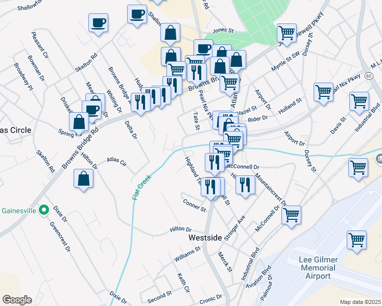map of restaurants, bars, coffee shops, grocery stores, and more near 317 Highland Terrace in Gainesville