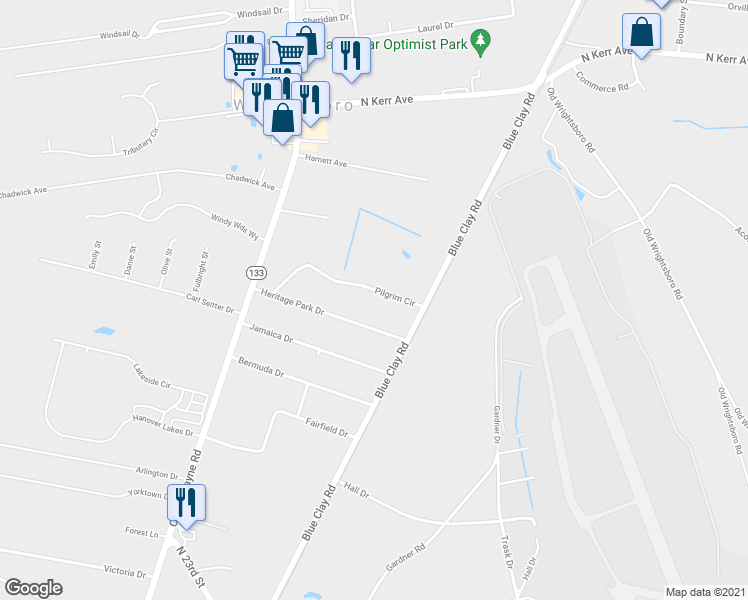 map of restaurants, bars, coffee shops, grocery stores, and more near 218 Pilgrim Circle in Wilmington