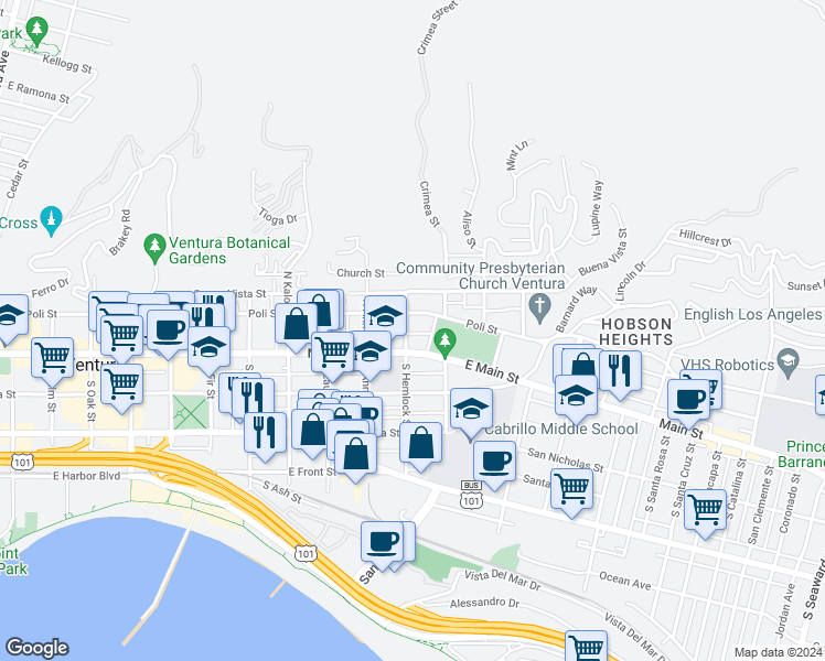 map of restaurants, bars, coffee shops, grocery stores, and more near 54 North Hemlock Street in Ventura