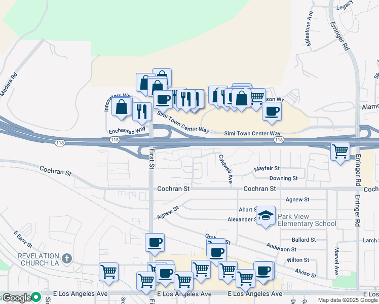 map of restaurants, bars, coffee shops, grocery stores, and more near 1230 Tivoli Lane in Simi Valley