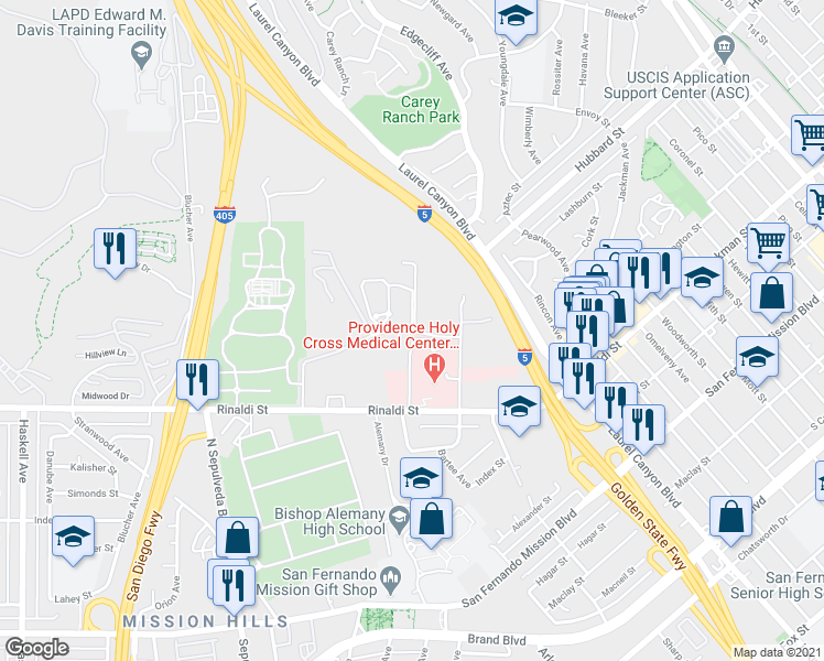map of restaurants, bars, coffee shops, grocery stores, and more near 15100 Mission Hills Road in Los Angeles