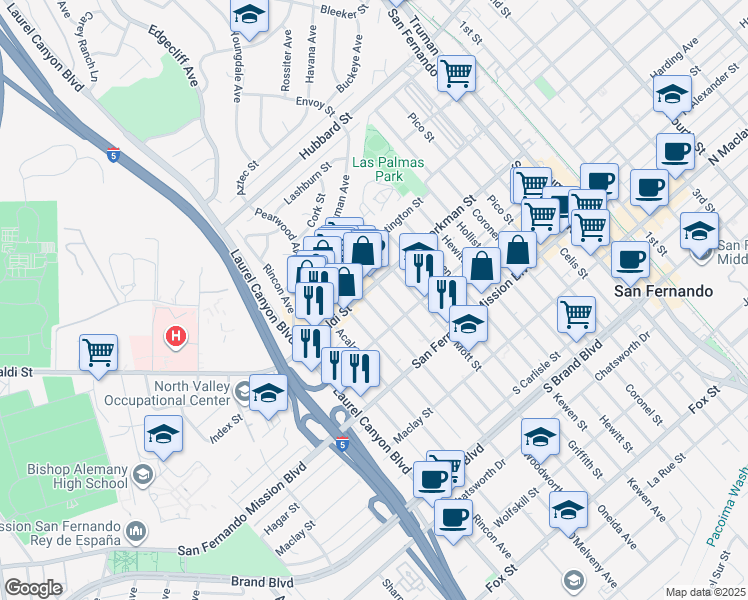 map of restaurants, bars, coffee shops, grocery stores, and more near 11590 Amboy Avenue in San Fernando