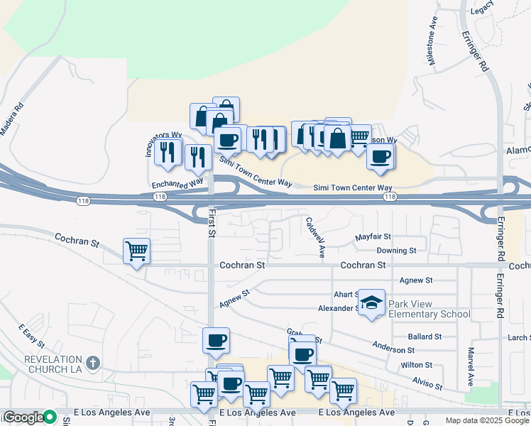 map of restaurants, bars, coffee shops, grocery stores, and more near 1230 Tivoli Lane in Simi Valley