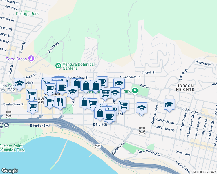 map of restaurants, bars, coffee shops, grocery stores, and more near 1065 East Main Street in Ventura