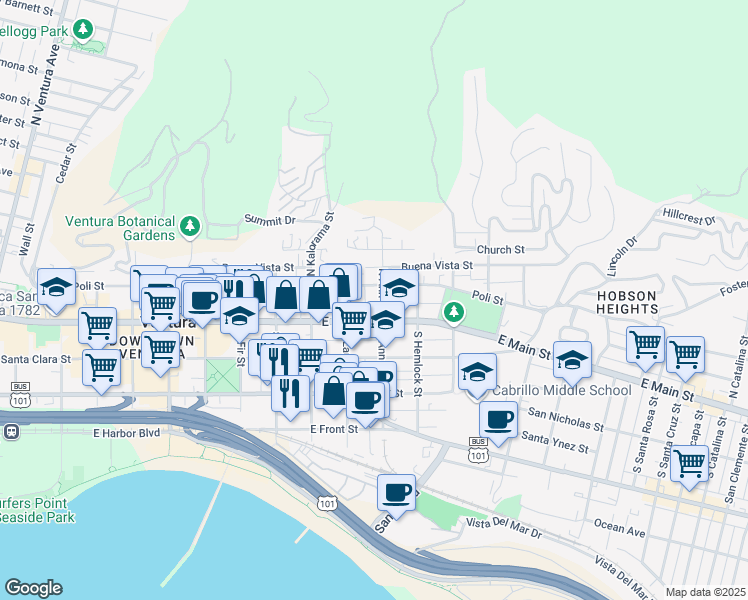map of restaurants, bars, coffee shops, grocery stores, and more near 57 North Ann Street in Ventura