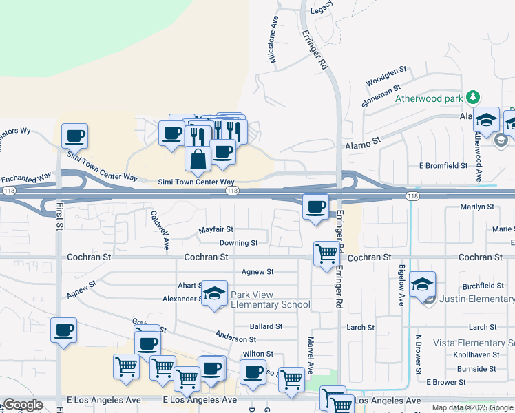 map of restaurants, bars, coffee shops, grocery stores, and more near 2524 Clearfield Place in Simi Valley