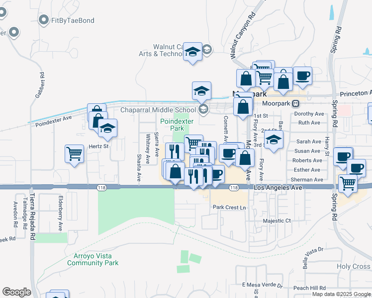 map of restaurants, bars, coffee shops, grocery stores, and more near Lassen Avenue in Moorpark