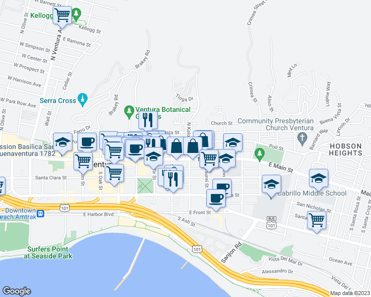 map of restaurants, bars, coffee shops, grocery stores, and more near 61 North Kalorama Street in Ventura