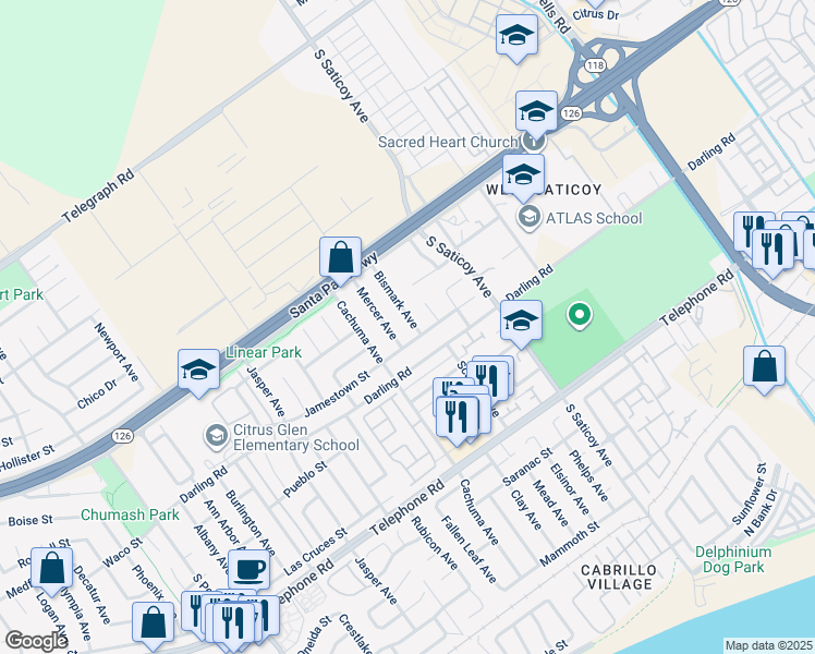 map of restaurants, bars, coffee shops, grocery stores, and more near 775 Bismark Avenue in Ventura