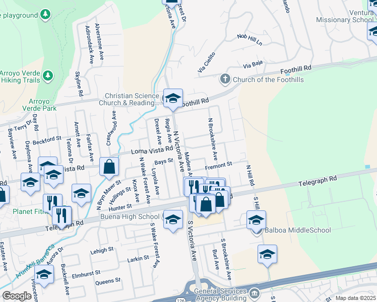 map of restaurants, bars, coffee shops, grocery stores, and more near 6002 Loma Vista Road in Ventura