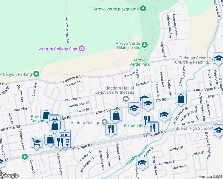 map of restaurants, bars, coffee shops, grocery stores, and more near 337 Walnut Drive in Ventura