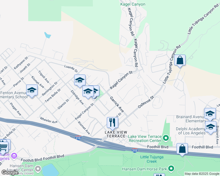 map of restaurants, bars, coffee shops, grocery stores, and more near Terra Vista Way in Los Angeles