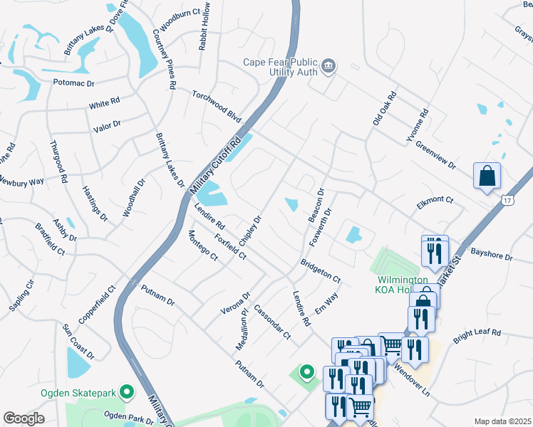 map of restaurants, bars, coffee shops, grocery stores, and more near 7412 Chipley Drive in Wilmington
