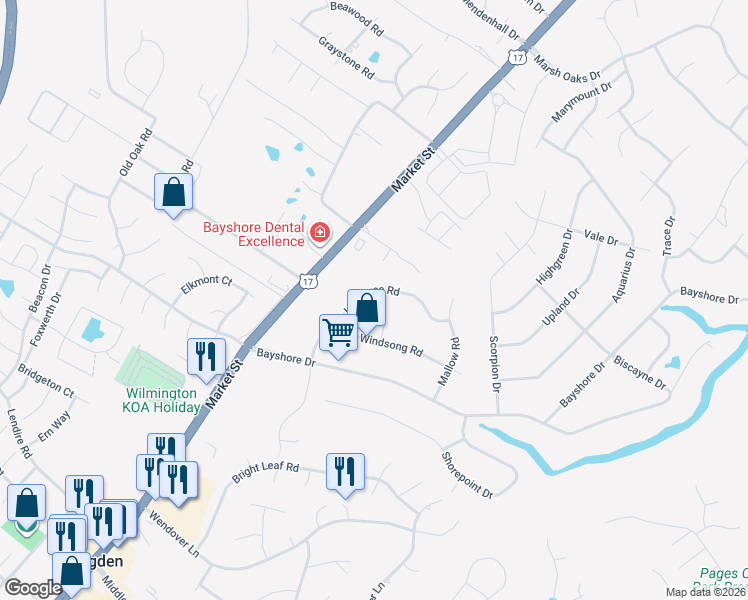 map of restaurants, bars, coffee shops, grocery stores, and more near 7605 Owl Roost Ct in Wilmington