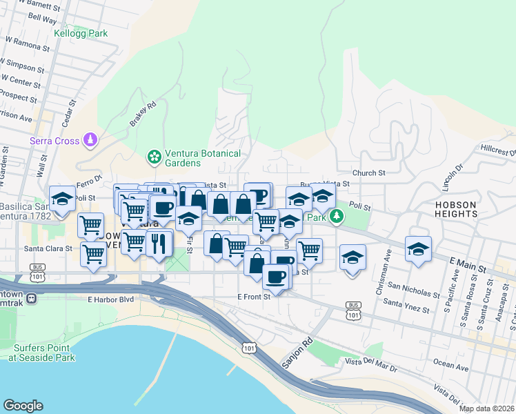 map of restaurants, bars, coffee shops, grocery stores, and more near 61 North Laurel Street in Ventura