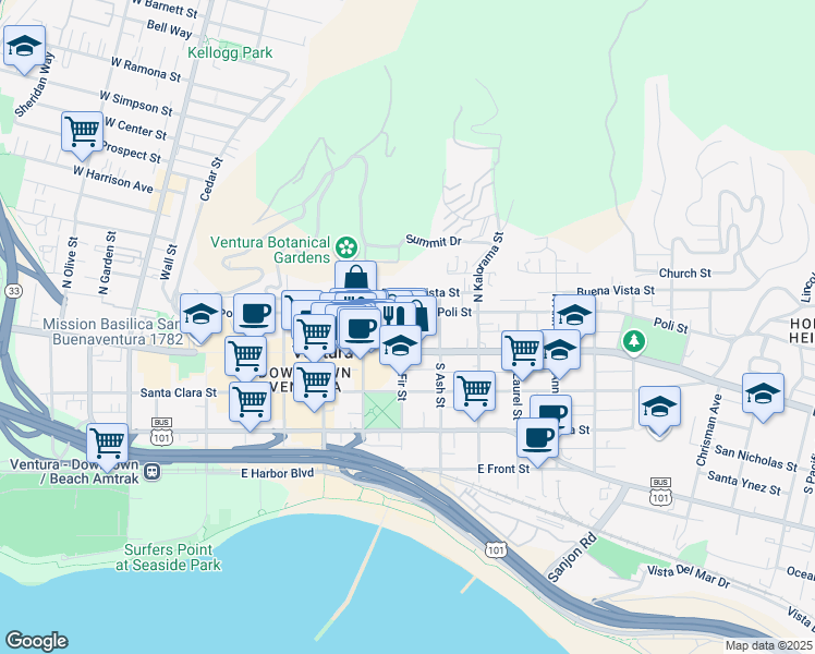 map of restaurants, bars, coffee shops, grocery stores, and more near 62 North Fir Street in Ventura