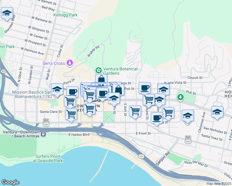 map of restaurants, bars, coffee shops, grocery stores, and more near 62 North Fir Street in Ventura