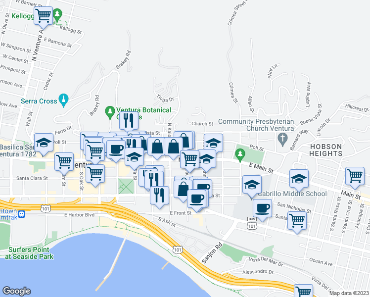 map of restaurants, bars, coffee shops, grocery stores, and more near 63 North Laurel Street in Ventura