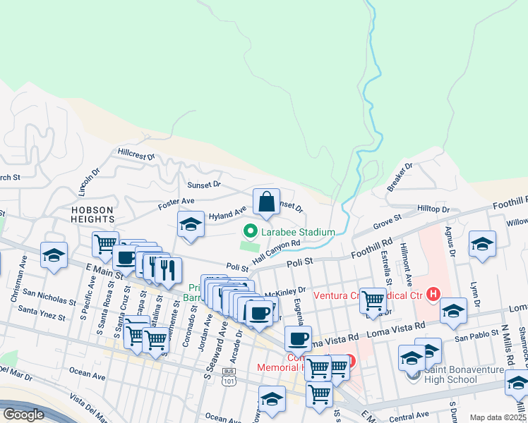 map of restaurants, bars, coffee shops, grocery stores, and more near 2368 Palomar Avenue in Ventura