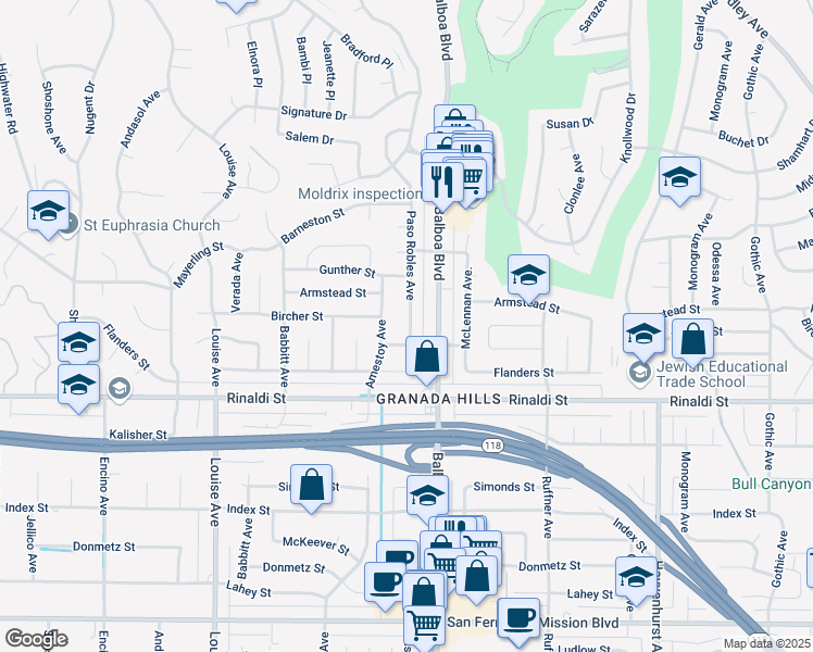 map of restaurants, bars, coffee shops, grocery stores, and more near 11623 Paso Robles Avenue in Los Angeles