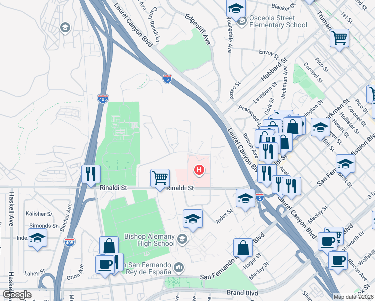 map of restaurants, bars, coffee shops, grocery stores, and more near 15100-15126 Mission Hills Road in Los Angeles