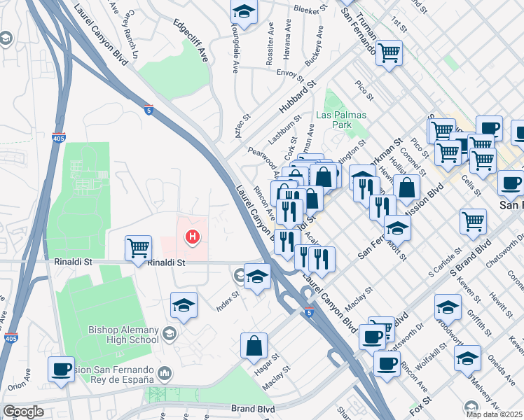 map of restaurants, bars, coffee shops, grocery stores, and more near 11633 Rincon Avenue in Los Angeles