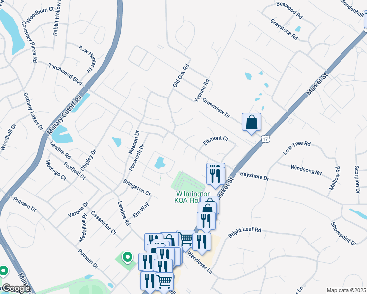 map of restaurants, bars, coffee shops, grocery stores, and more near 7417 Coker Court in Wilmington