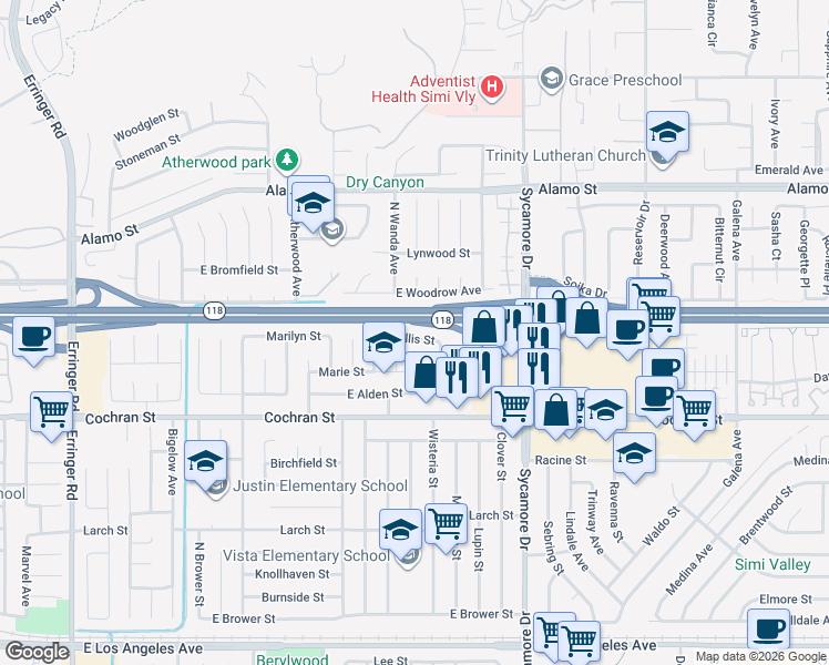map of restaurants, bars, coffee shops, grocery stores, and more near 2517 Phyllis Street in Simi Valley