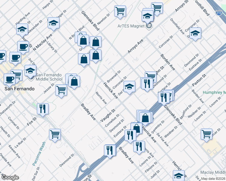 map of restaurants, bars, coffee shops, grocery stores, and more near 11632 Herrick Avenue in San Fernando
