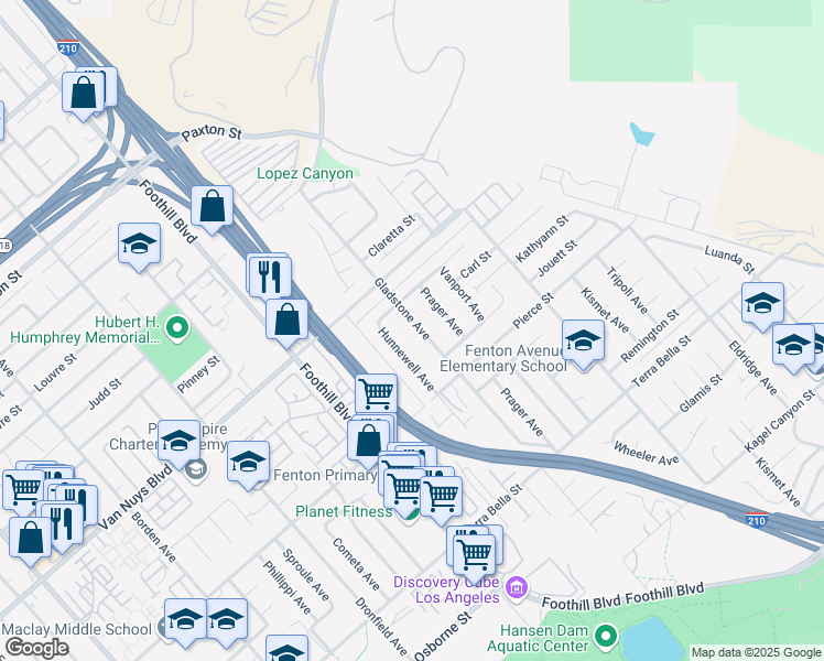 map of restaurants, bars, coffee shops, grocery stores, and more near 11649 Gladstone Avenue in Los Angeles