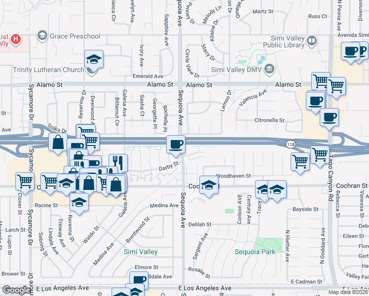 map of restaurants, bars, coffee shops, grocery stores, and more near 3417 Highwood Court in Simi Valley