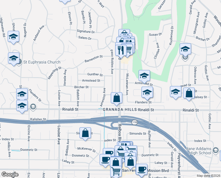 map of restaurants, bars, coffee shops, grocery stores, and more near 11623 Paso Robles Avenue in Los Angeles