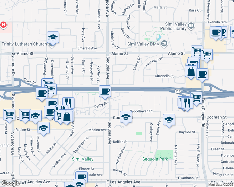 map of restaurants, bars, coffee shops, grocery stores, and more near 2607 Brindle Court in Simi Valley
