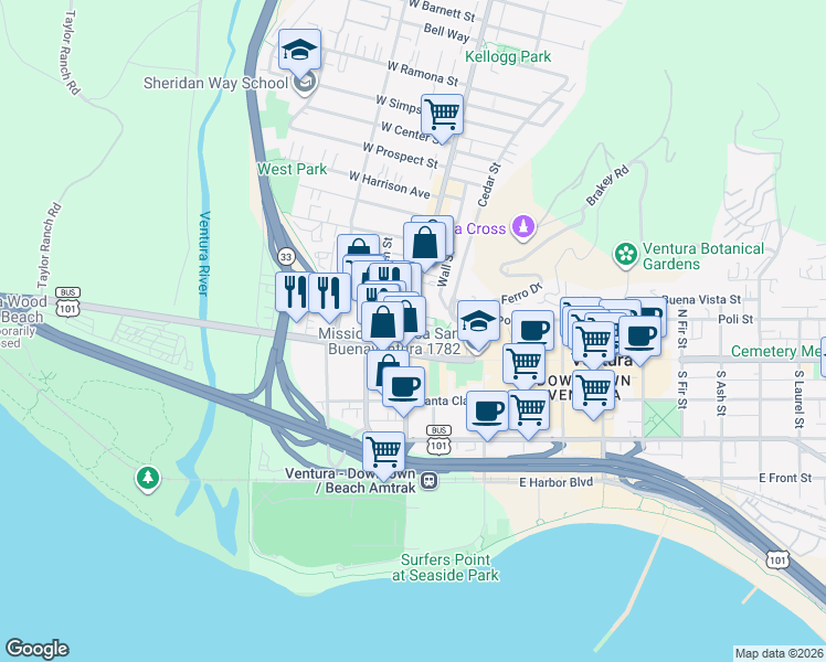 map of restaurants, bars, coffee shops, grocery stores, and more near 68 North Ventura Avenue in Ventura