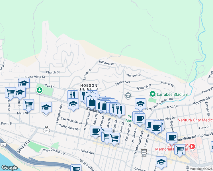 map of restaurants, bars, coffee shops, grocery stores, and more near 258 North Linda Vista Avenue in Ventura