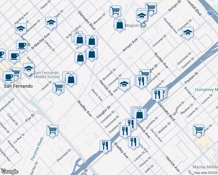 map of restaurants, bars, coffee shops, grocery stores, and more near 11632 Herrick Avenue in San Fernando