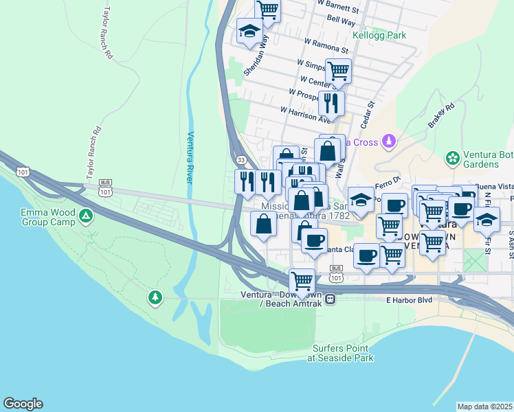 map of restaurants, bars, coffee shops, grocery stores, and more near 76 Julian Street in Ventura