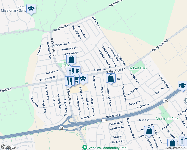 map of restaurants, bars, coffee shops, grocery stores, and more near 2 Mara Avenue in Ventura